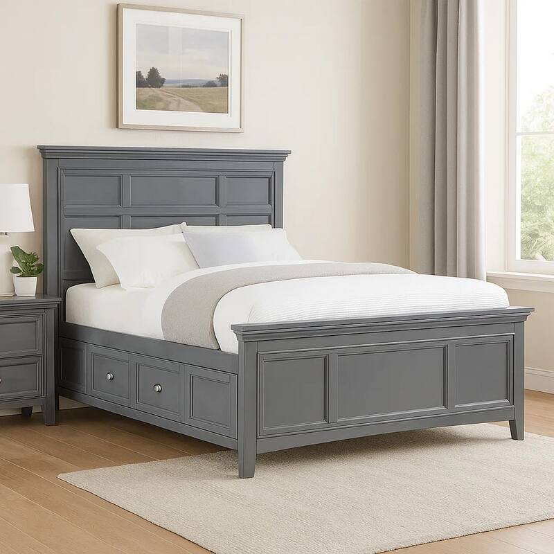 Lile Twin Bed with Crown Moulding, Storage Drawers, Gray Solid Wood