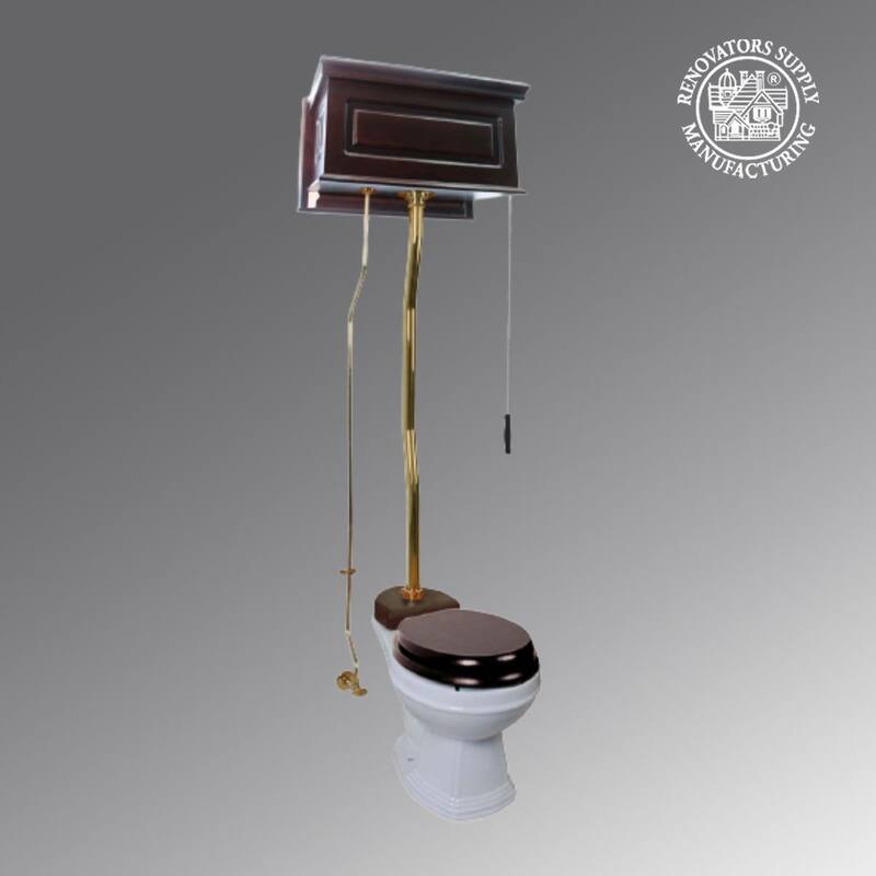 Dark Oak Wooden High Tank Toilet Raised Tank, Round White Bowl and Brass Z Pipe