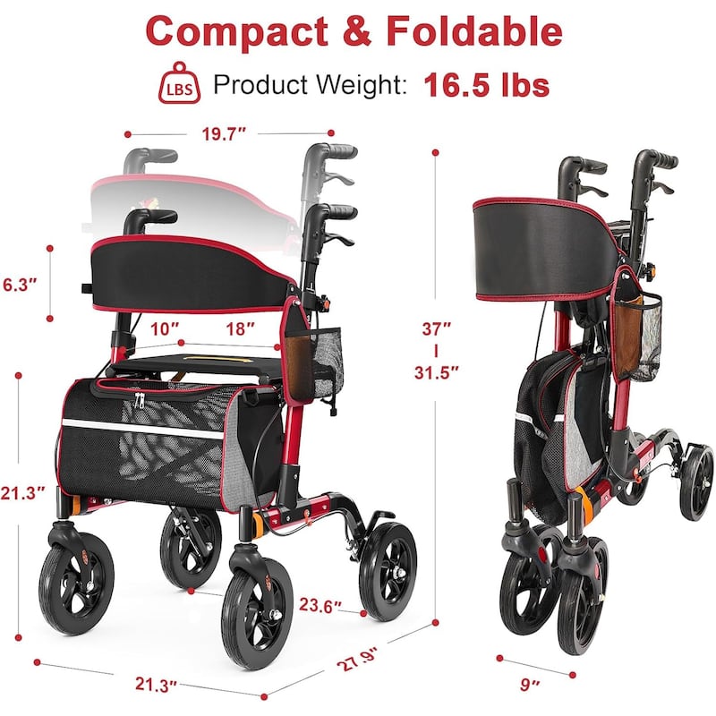 Walkers for Seniors, Rollator Walker with Seat, 350 lb Weight Capacity, 18" Big Seat, 8" All-Terrain Wheels - Red