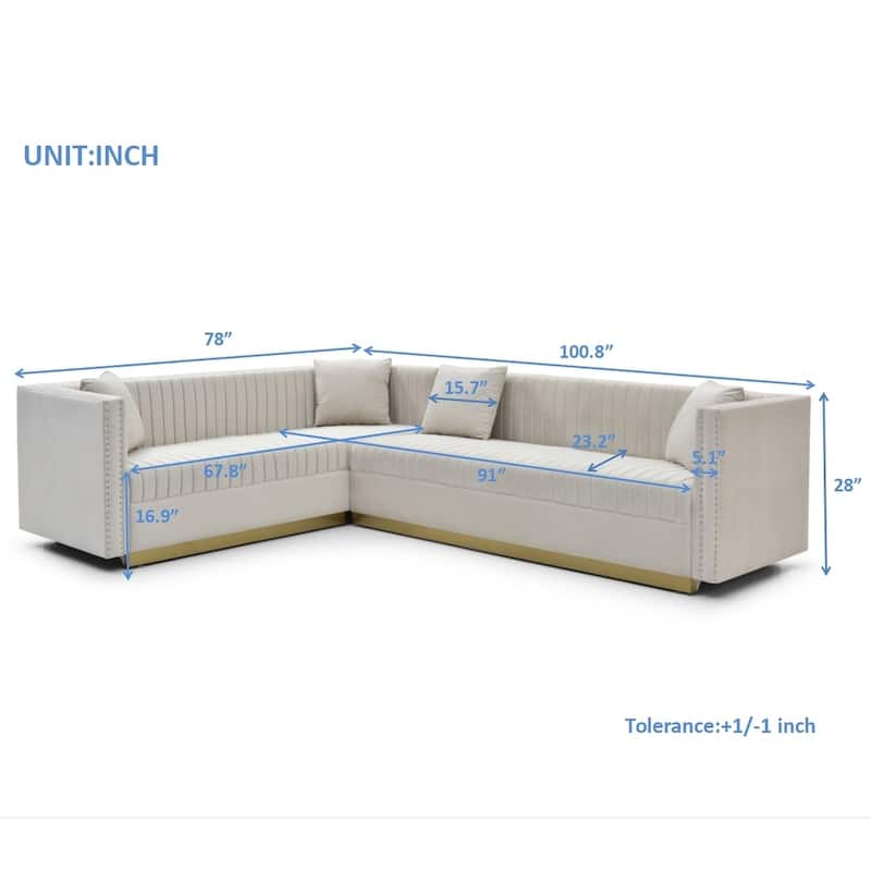 Luxurious Velvet Vertical Channel Tufted L-Shaped Corner Sectional Sofa with Convertible Ottoman and 4 Pillows