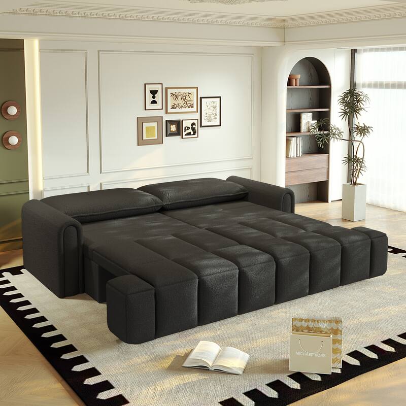 90.2 Inch King 3-in-1 Sleeper Sofa with Seat Storage, Modern 4-Seater Convertible Teddy Fabric Couch - Black