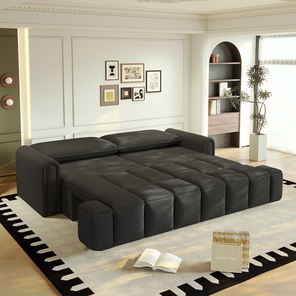90.2 Inch King 3-in-1 Sleeper Sofa with Seat Storage, Modern 4-Seater Convertible Teddy Fabric Couch