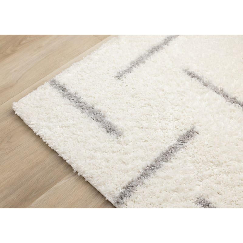 Cream Gray Neutral Lines Soft Shag Area Rug, 5'3" x 7'7"