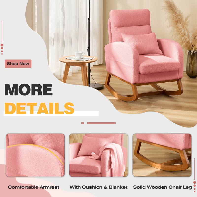 EROMMY Rocking Chair Indoor, Glider Chair with Pillow and Blanket, Living Room, Bedroom & Baby Room, Pink/ Beige/Gray