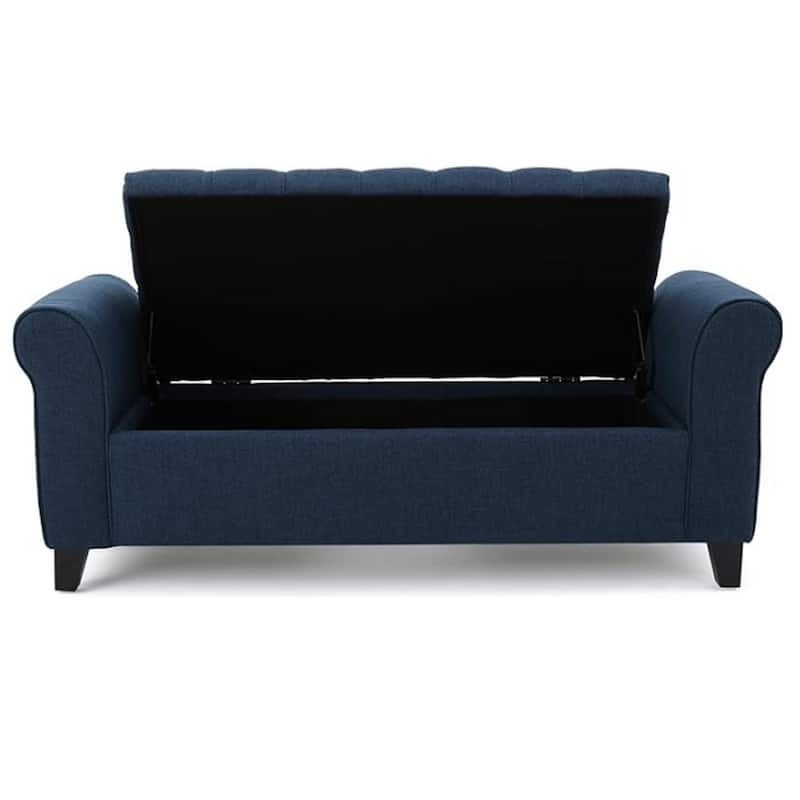 Shawn Storage Bench with Rolled Arms, 50 Inch Button Tufted, Dark Blue