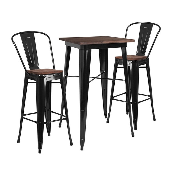 Offex 23.5" Square Black Metal Bar Table Set with Wood Top and 2 Stools