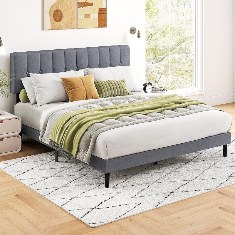 Queen Size Platform Bed Frame with Fabric Upholstered Headboard and Wooden Slats Support, No Box Spring Needed/Easy Assembly - Grey - Queen