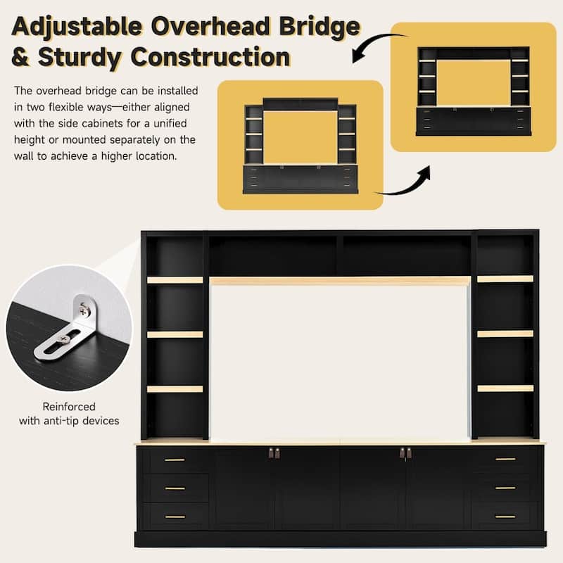 102.3" Farmhouse 4-Piece Entertainment Center Wall Unit with Adjustable Shelves,6 Drawers