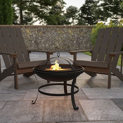 Round Outdoor Portable Wood Burning Firepit with Mesh Spark Screen and Poker