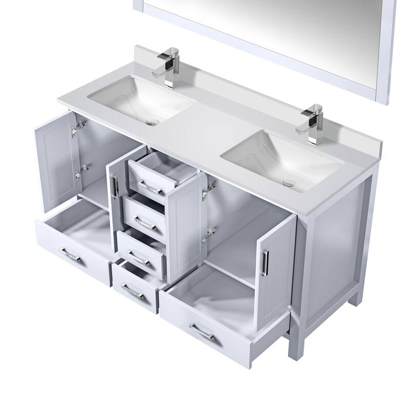 Jacques White Bath Vanity, Cultured Marble Top, Faucet Set and Mirror