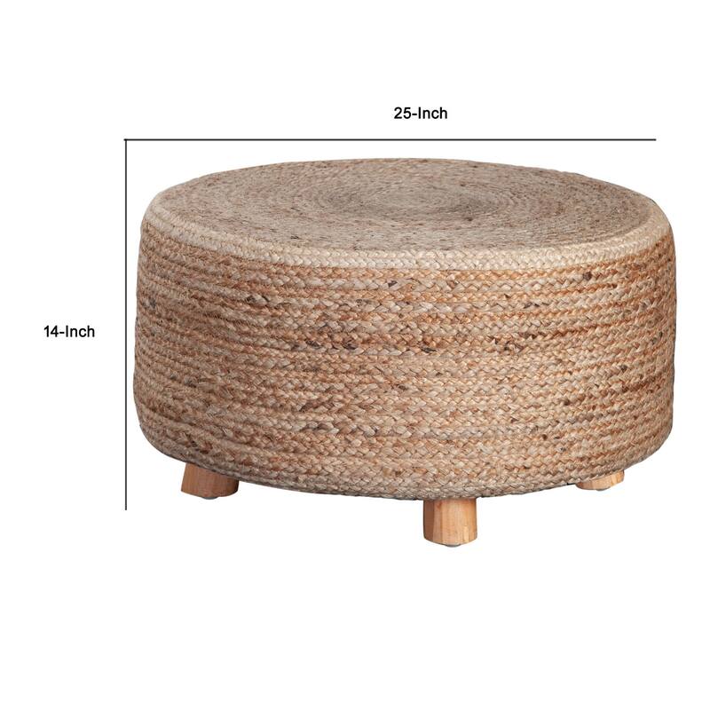 Accent Stool, 25 Inch, Round Natural Brown Jute Seat, Wood Legs