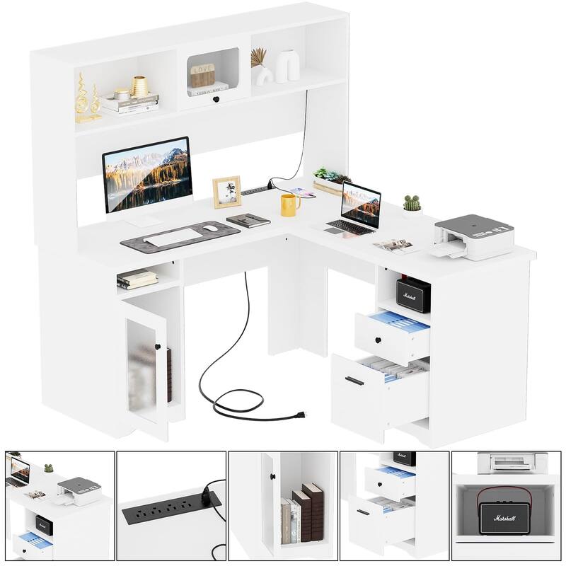 L Shaped Desk with File Cabinet and Hutch, Home Office Corner Computer Desk with Drawers and Charge Station