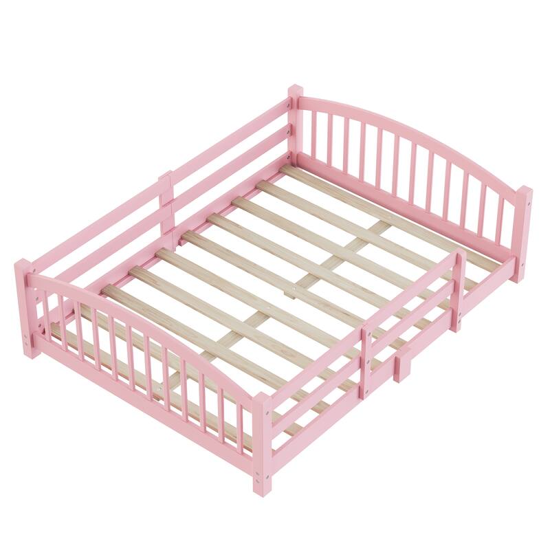Montessori Solid Pine Floor Bed with Full-Length Safety Fence & Slatted Base by Harper&Bright Designs