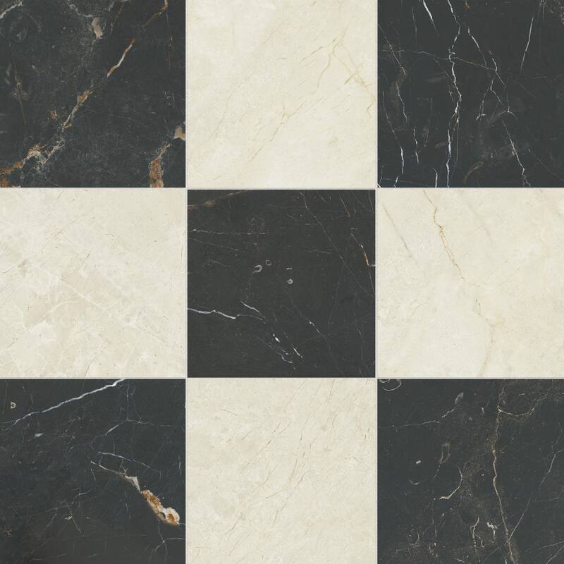 Merola Tile Reve Checker Beige with Noir 11-3/4" x 11-3/4" Porcelain Floor and Wall Tile