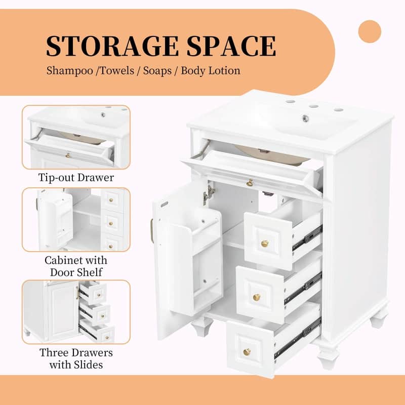 24" Bathroom Vanity with Sink, Freestanding Vanity Cabinet with Flip-Out Drawer, 3 Drawers, Ceramic Top