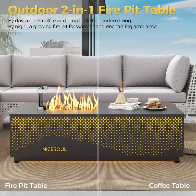 FINCATI Propane Fire Pit Coffee Table, Rectangle Natural Gas Outdoor Fire Pit Modern Gas Firepit, 42'' Fire Pit Table