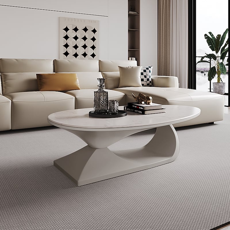 Modern Cream Style Oval Coffee Table Light Luxury Sintered Stone Top Coffee Table Wood/Faux Marble in Brown
