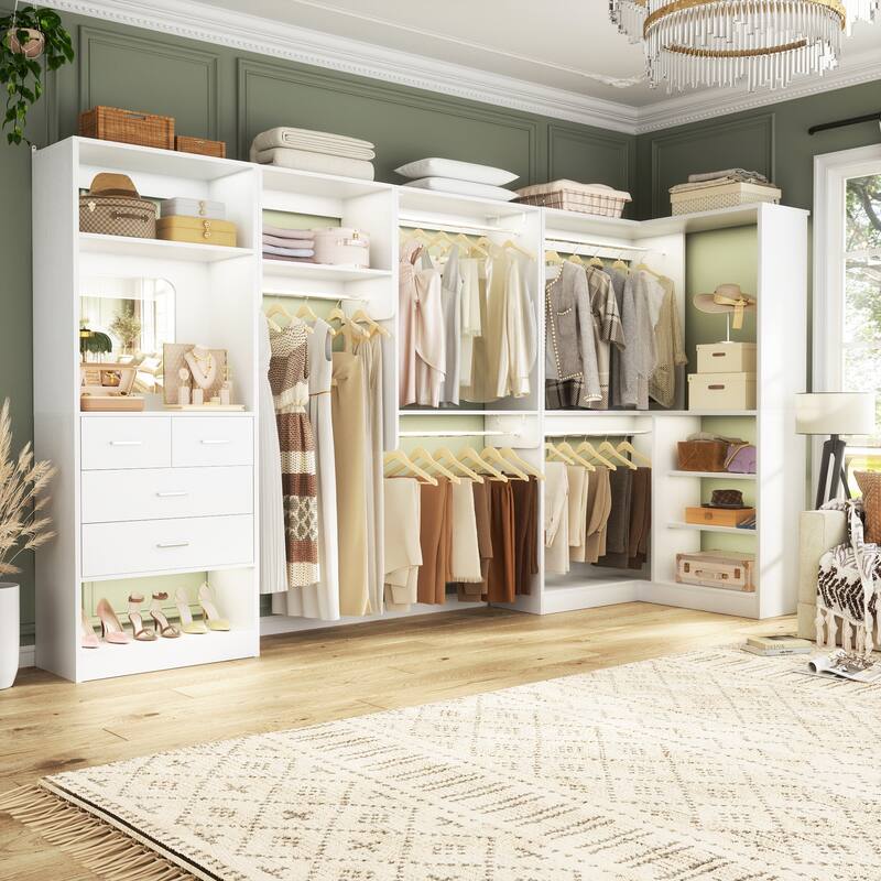Set of 4/ 5 Modular Closet System with Drawers and Mirror, Corner Closet Organizer with Hanging Rods and Shelves