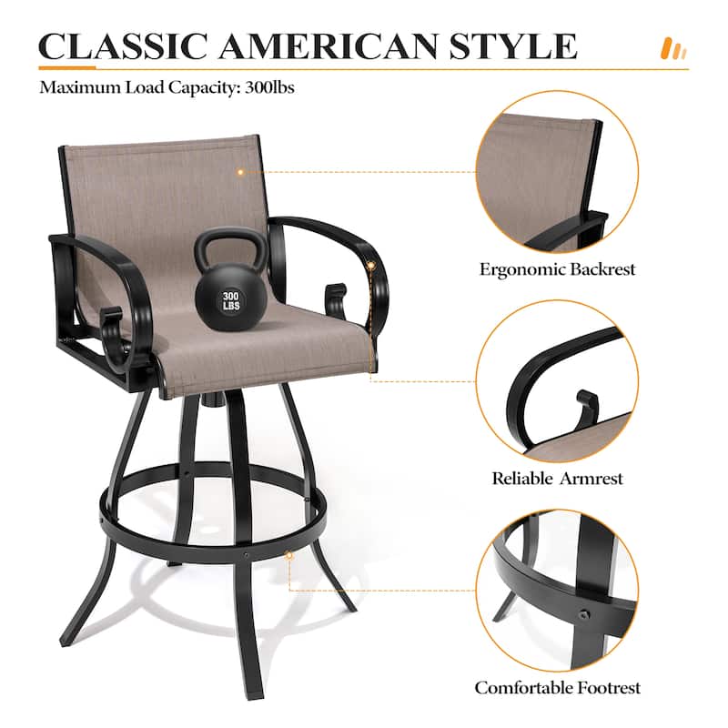 3/5-Piece Set Outdoor Patio Swivel Bar Stools Set Aluminum Sunbrella Textilene Sling Bar Stools and Table
