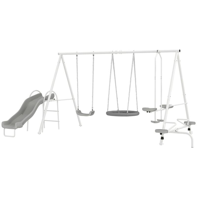 Steel Kids Swing Set with Slide, Glider and Teeter-Totter - 157.5" L x 113" W x 71.75" H - Grey-White