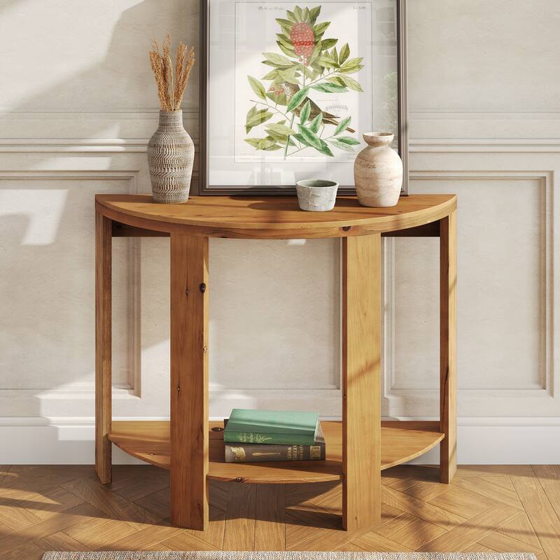 Farmhouse Solid Wood Small Half Moon Console Table with 2-tier Storage