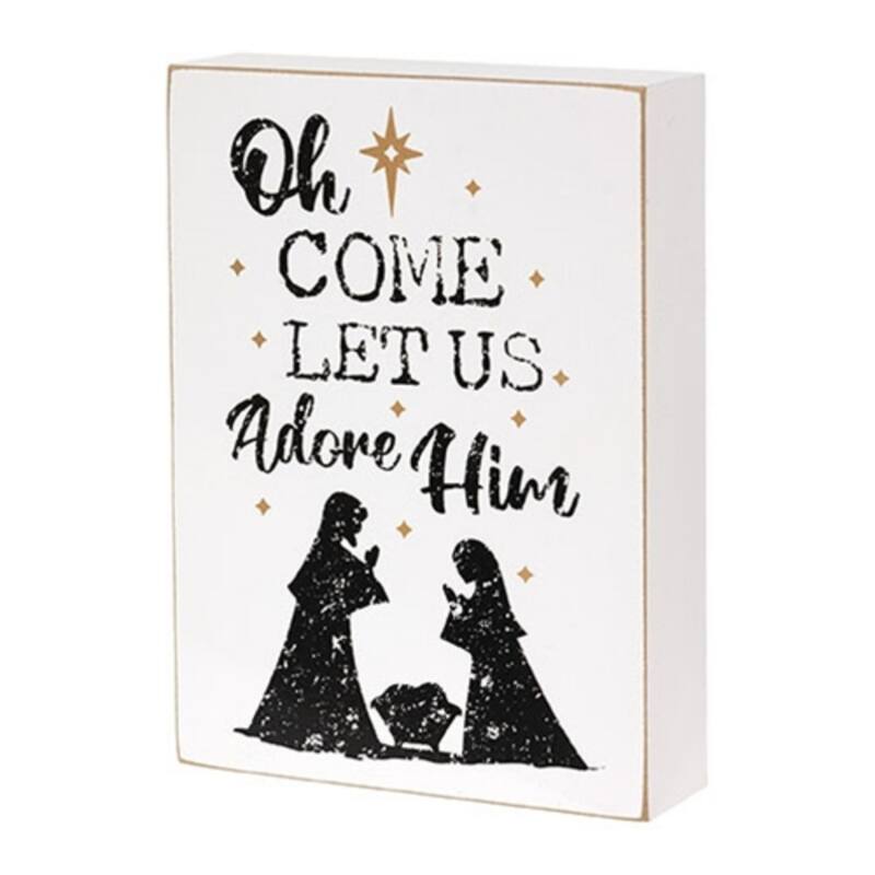 White Black Wooden Nativity Silhouette Box Sign with Gold Stars - 6 x 1.50 x 8 in. - White-Black