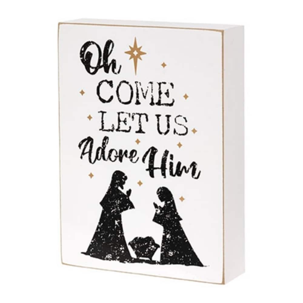 White Black Wooden Nativity Silhouette Box Sign with Gold Stars - 6 x 1.50 x 8 in.