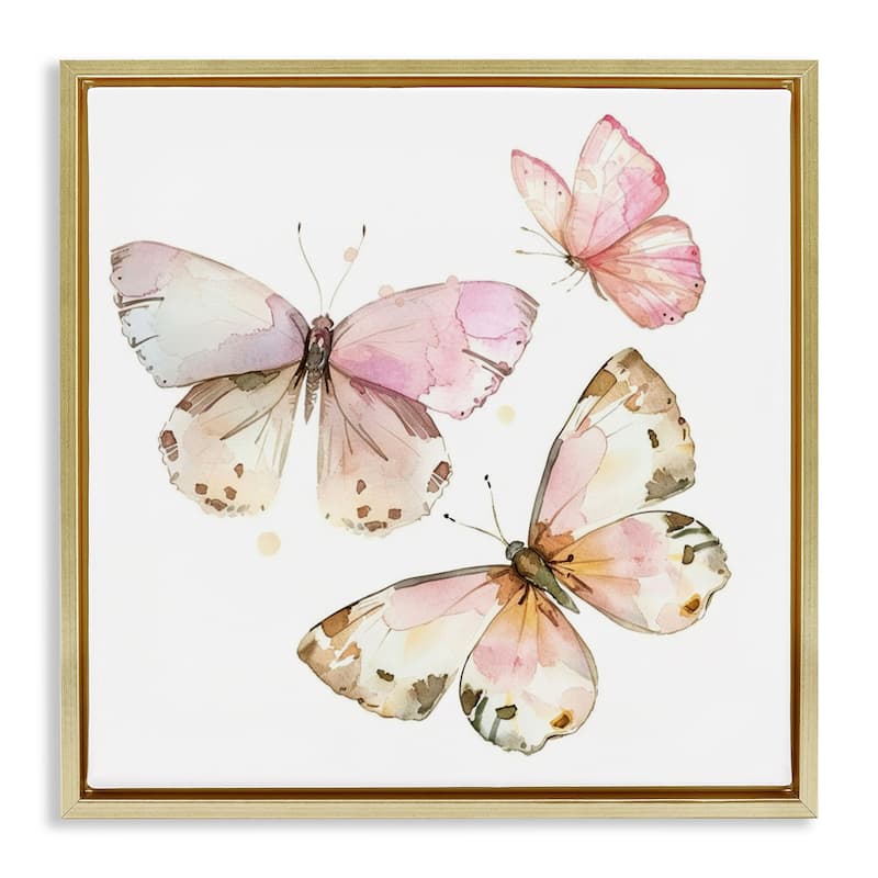 Stupell Soft Watercolor Butterfly Trio Framed Floater Canvas Wall Art Design By LSR Creative Studio - 25 x 25 - Gold