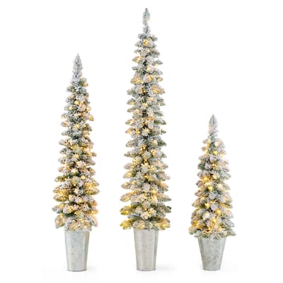 Costway Set of 3 Pre-Lit Snow Flocked Artificial Christmas Trees - See Details
