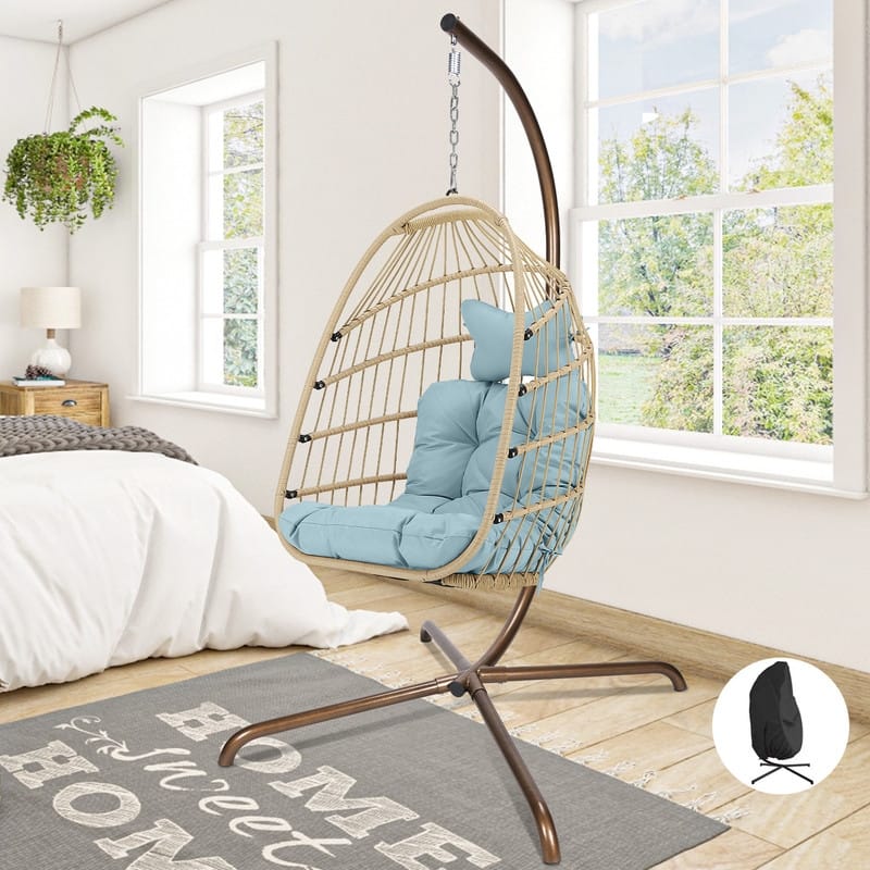 Oversized Wicker Hanging Egg Chair with Stand, Outdoor Indoor Swing Chair with Cushion, 350 lb Capacity
