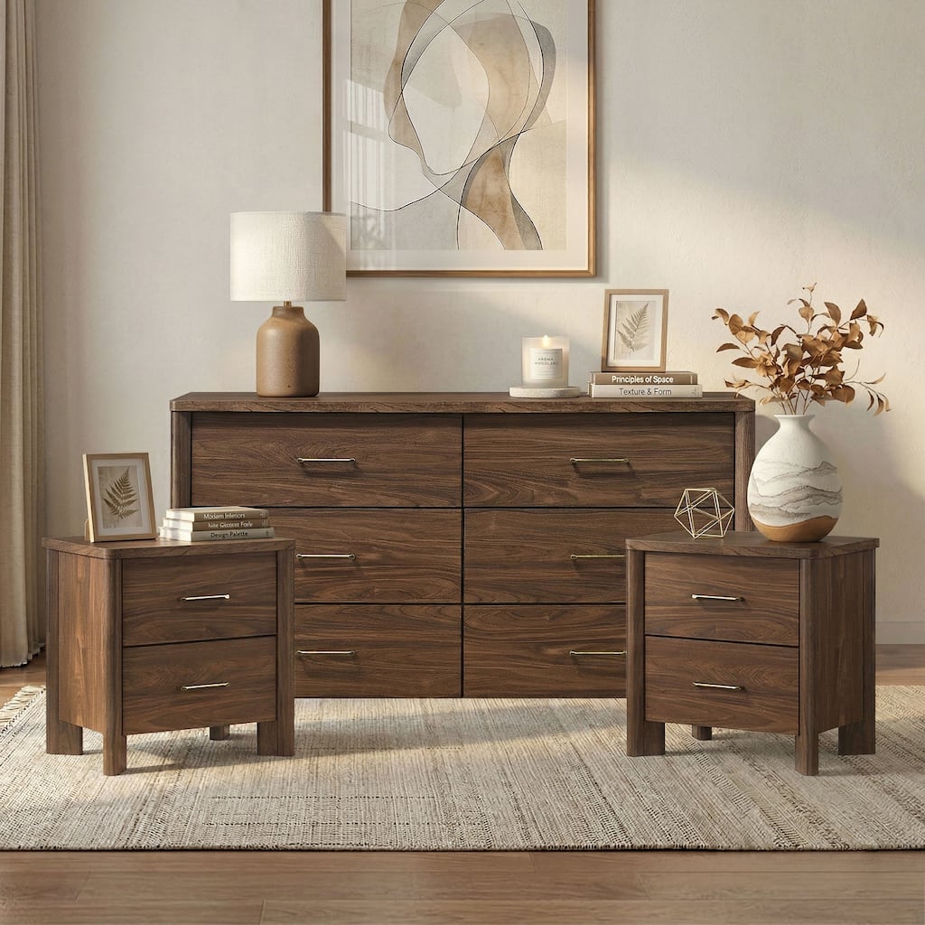 Furniture of America Elira Mid-Century Modern 3-Piece Walnut Wood Dresser and 2 Nightstands Bedroom Set