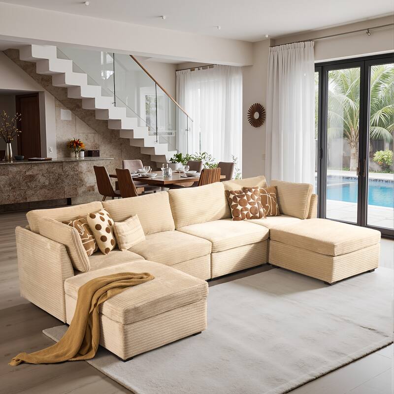 HOOOWOOO Modular U-shaped Corduroy Fabric Sectional Sofa Couch with Ottoman - Beige-Corduroy