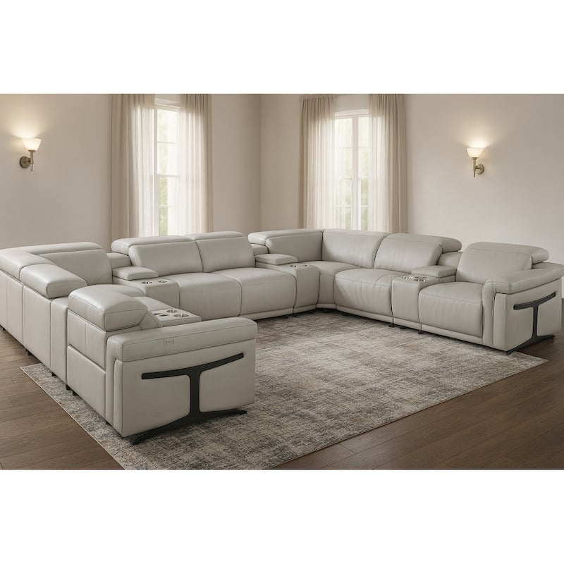 HomeRoots Light Gray Italian Leather Power Reclining U Shaped Twelve Piece Sectional With Console - Symmetrical - Light Gray