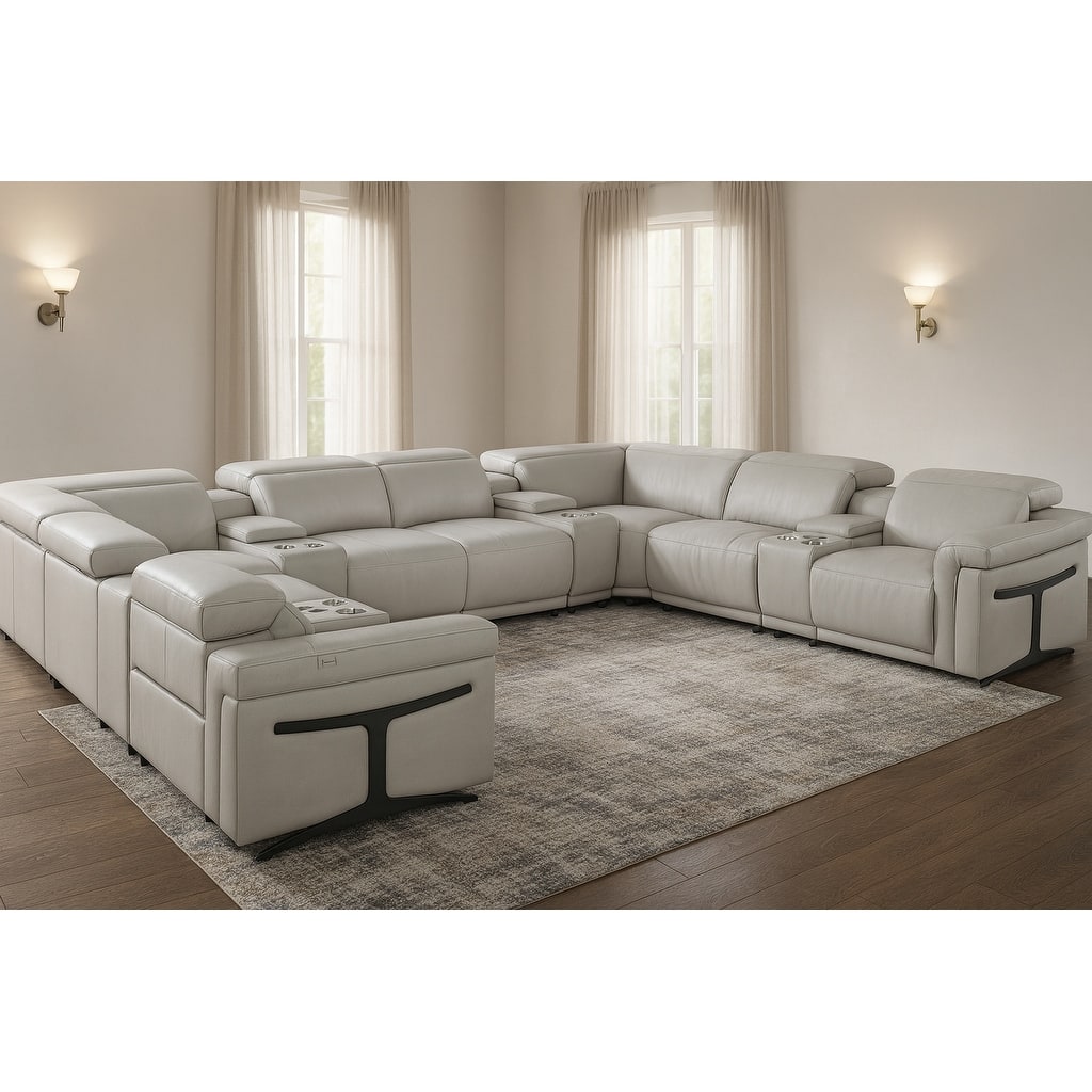 HomeRoots Light Gray Italian Leather Power Reclining U Shaped Twelve Piece Sectional With Console