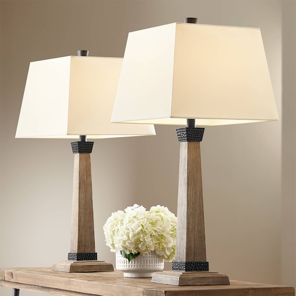 Set of 2 Rustic Farmhouse Table Lamps Wood Oatmeal Square Shade 14 x 29.5