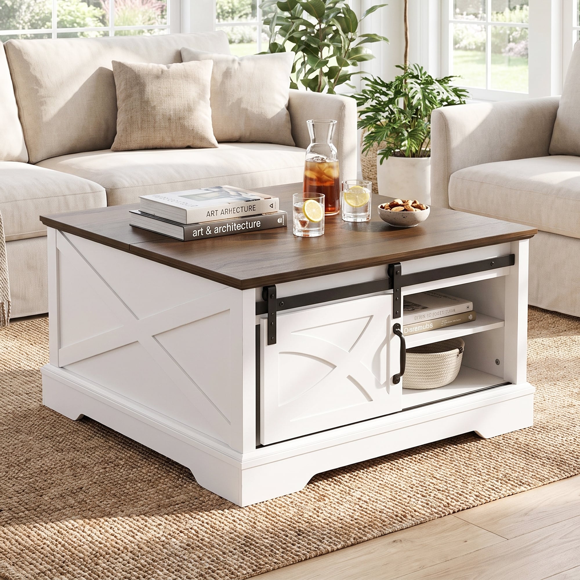 32" Farmhouse White Solid Wood Sliding Barn Door Coffee Table with Open Storage Shelves