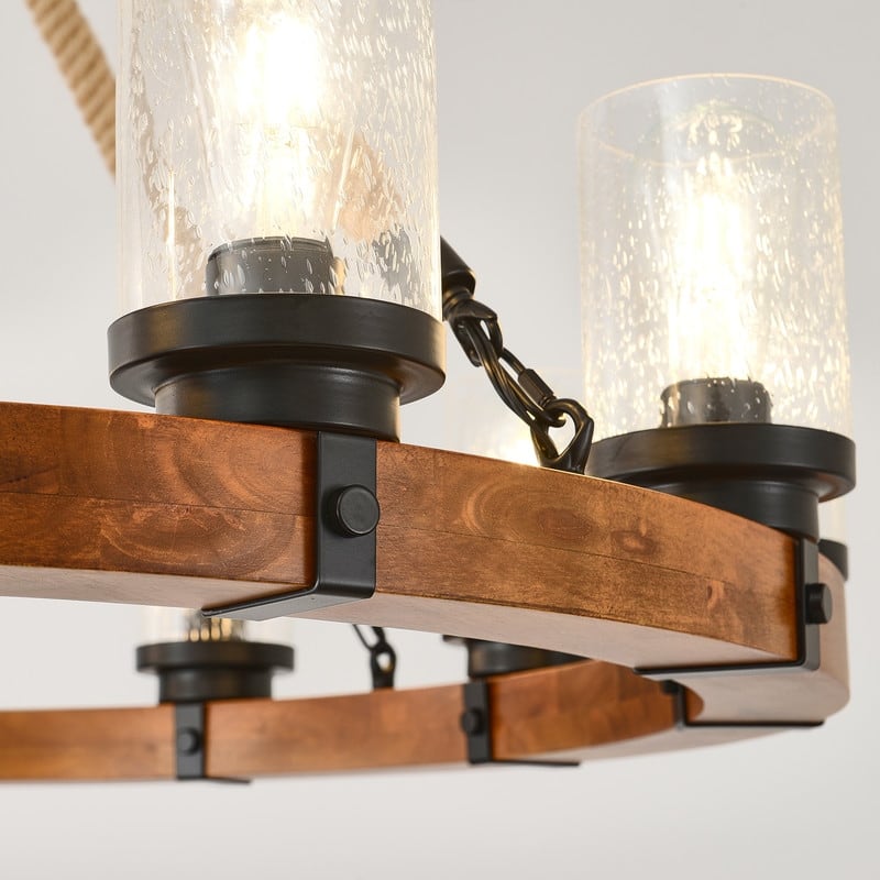 Farmhouse Wagon Wheel Chandelier Round Wood Pendant Lighting Fixture for Dining Room