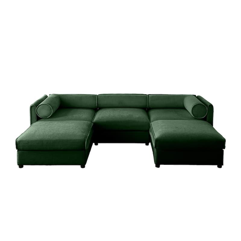 Modular U Shaped Sectional Sofa Couch with Storage Seat and Ottomans - Green+3 Seat+2 Ottomans