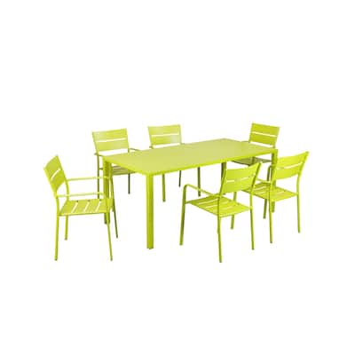 Meta 7 Piece Outdoor Dining Table, Chairs Set, Green, Plank Seat and Backs
