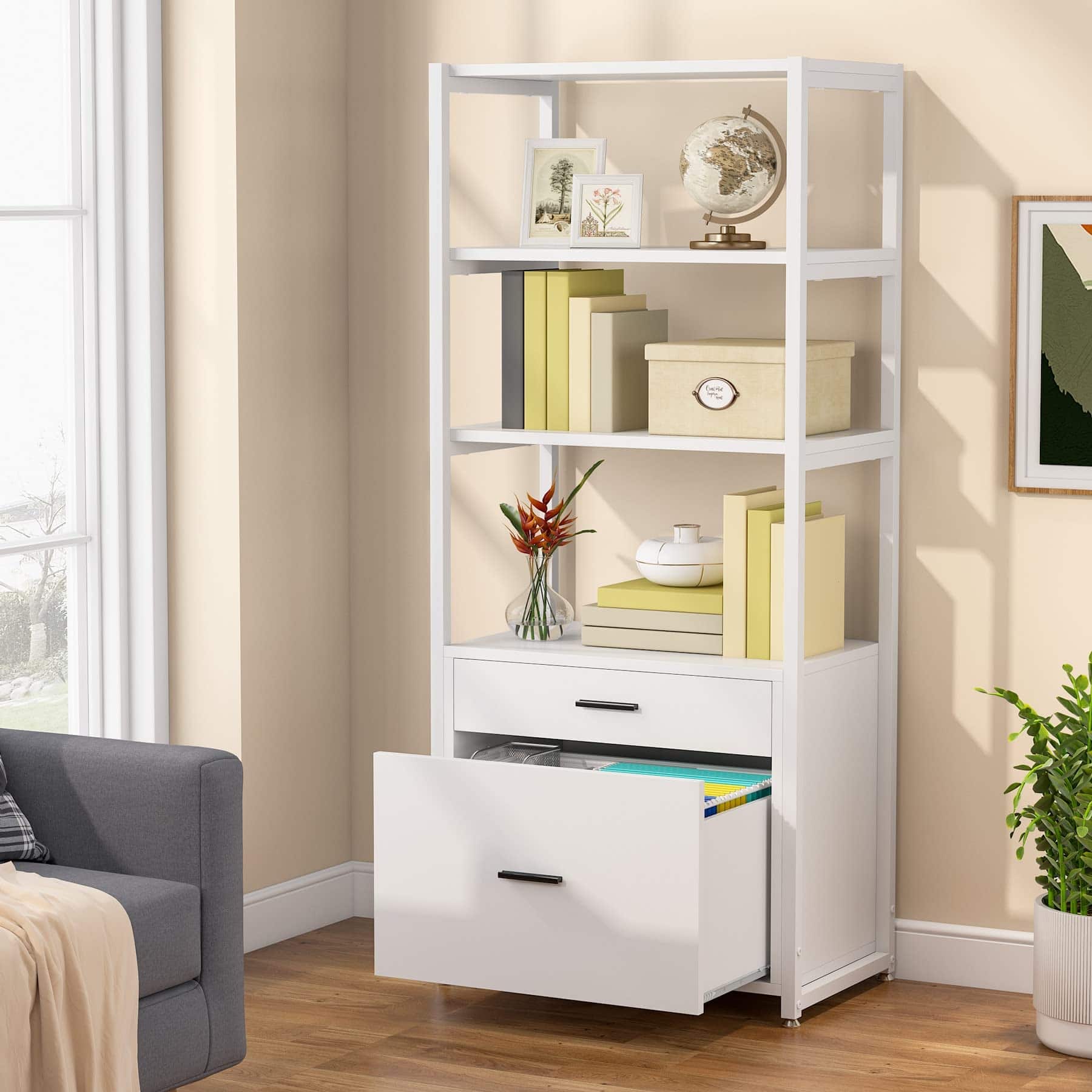 4-Tier Modern File Cabinet with 2 Drawers, Lateral Filing Cabinet ...