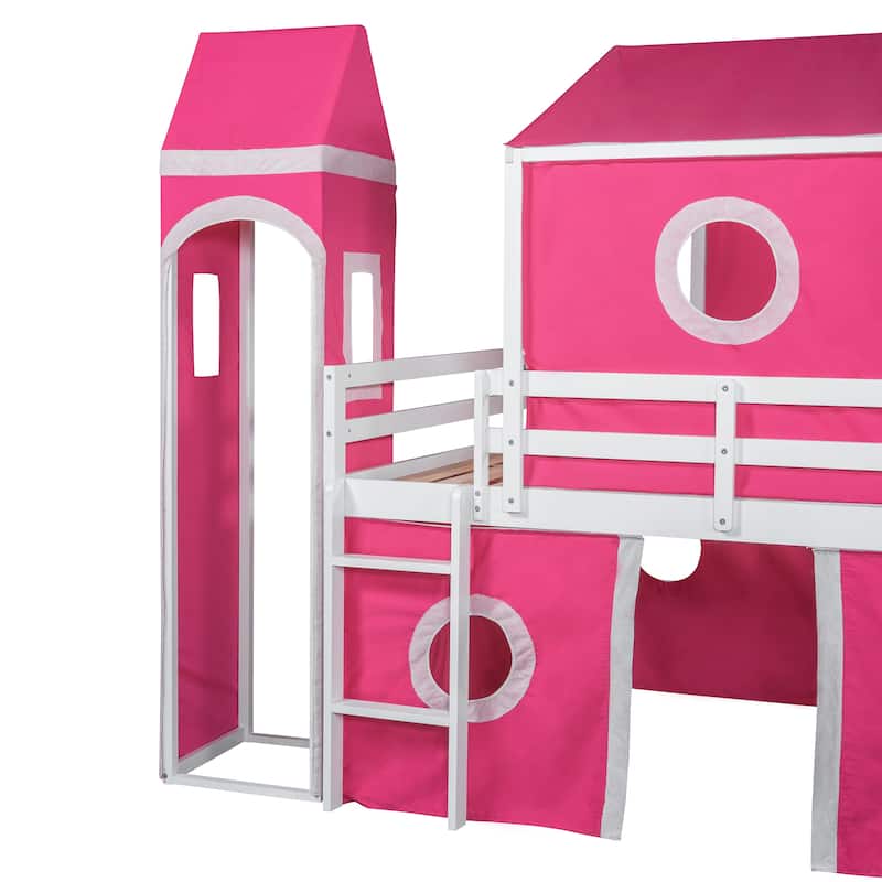 Kids Playhouse Loft Bed with Slide and Tower, Full Size Canopy Bed with Underbed Tent and Round Windows for Boys Girls