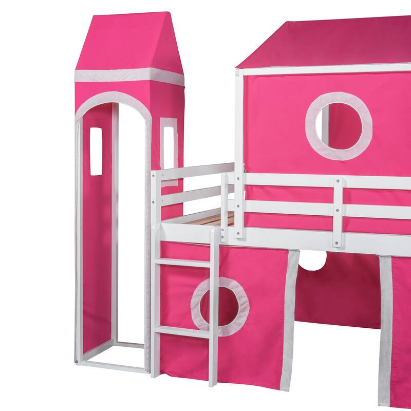 Roomfitters Full Size Loft Bed with Slide, Pink Tent and Decorative Tower, Playful Sleeping Platform, Pink