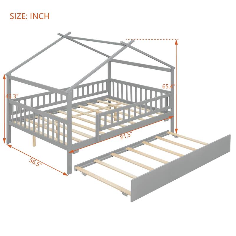 Roomfitters Full Size Wooden House Bed with Twin Trundle and Roof Frame Pine