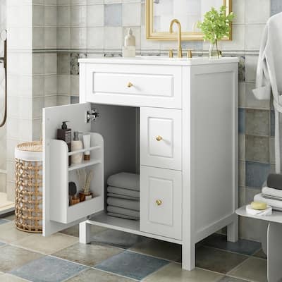 24" Bathroom Vanity with Ceramic Sink, 1 Soft Close Door, 2 Soft Close Drawers
