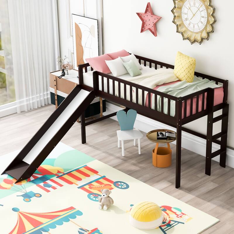 Twin Size Wood Low Loft Bed with Slide, Loft Bunk Bed with Ladder for