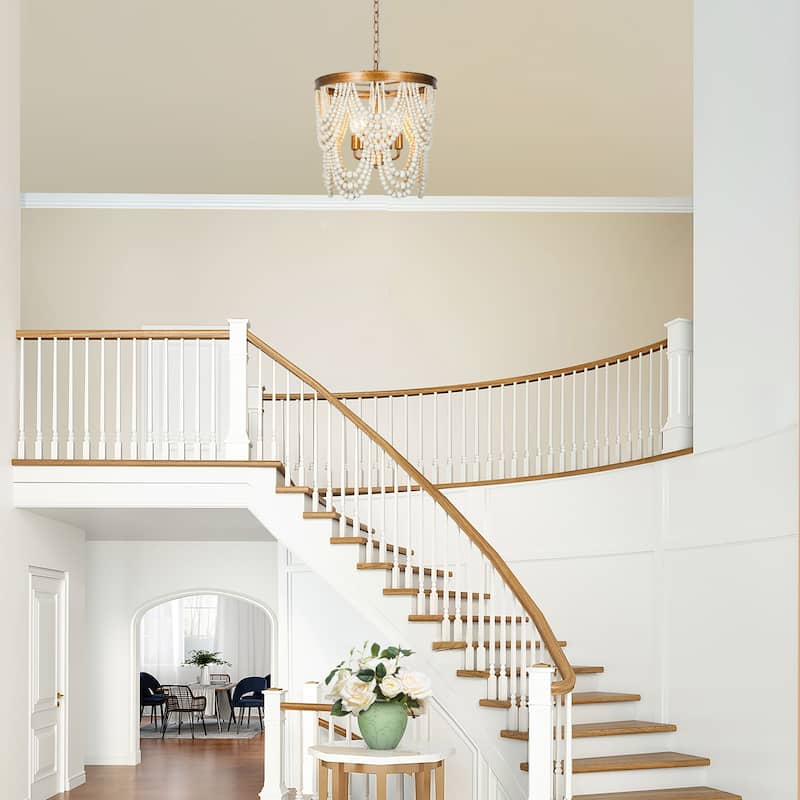 Empire Luxury French Country Tiered Wood Beaded Coastal Chandelier 4-light Antique Gold Dining Room Bedroom Lights