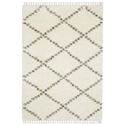 Style Haven Aire Diamond Lattice Ivory/ Multi Shag Tassel Fringe Area Rug.