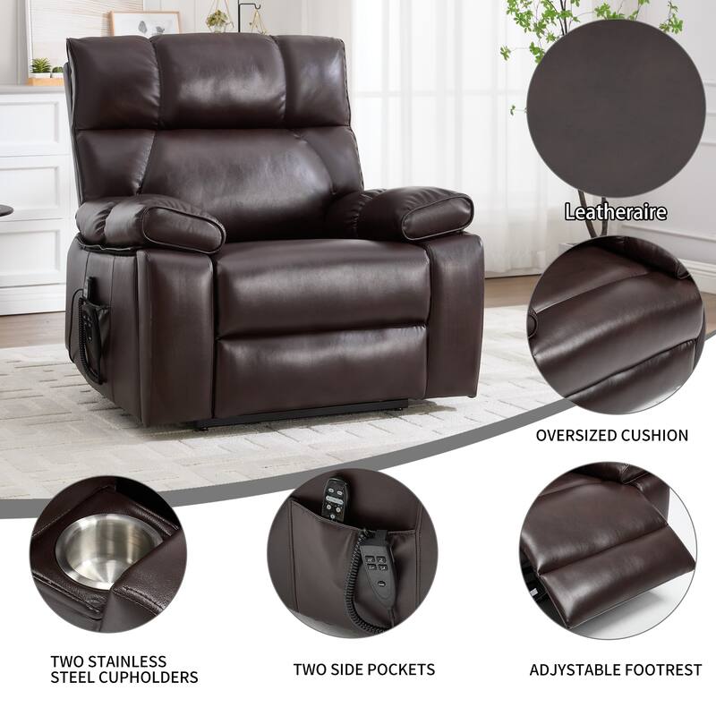 Leatheraire Heat Massage Dual Motor Infinite Position Up to 350 LBS Large Electric Power Lift Recliners with Hidden Cup Holders