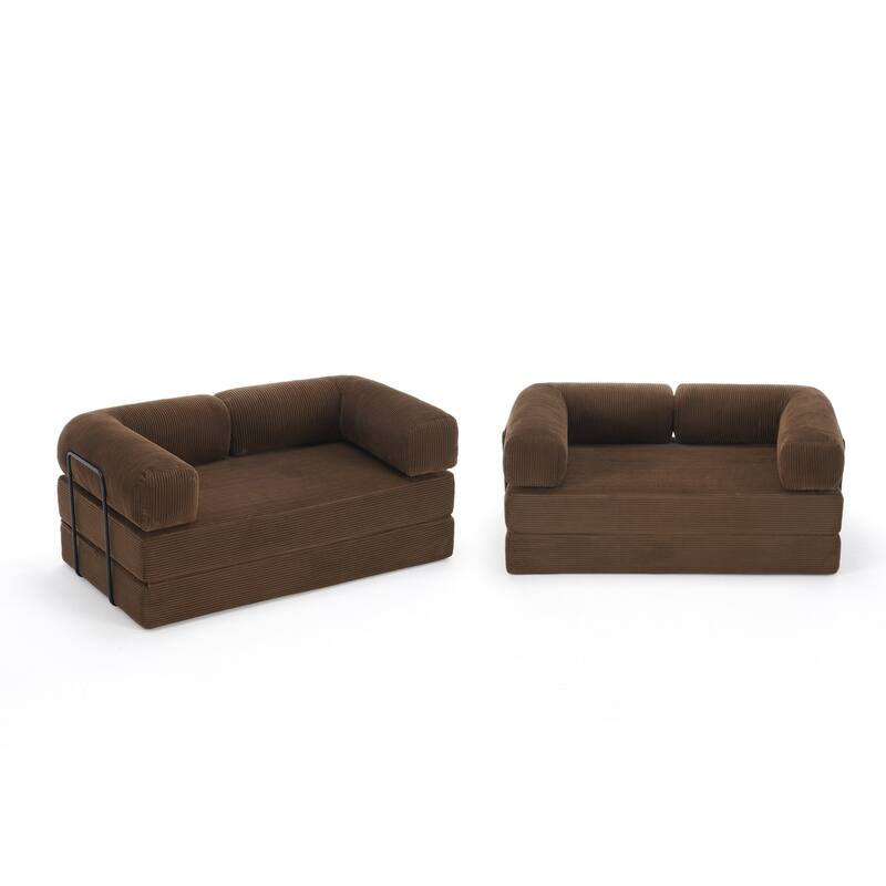 Set of 2 Corduroy Fully Compressed Convertible Sleeper Sofa with Metal Frame