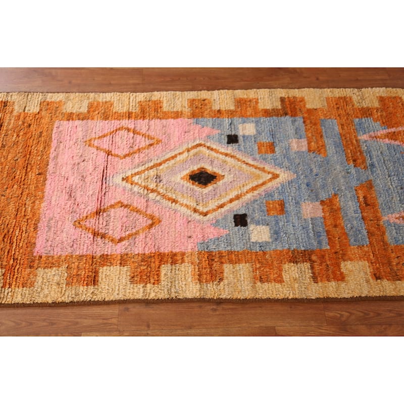 Geometric Orange Moroccan Runner Rug Handmade Wool Carpet - 2'10" x 9'8"